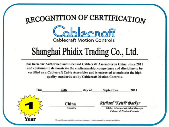 중국 Phidix Motion Controls (Shanghai) Co., Ltd. 인증